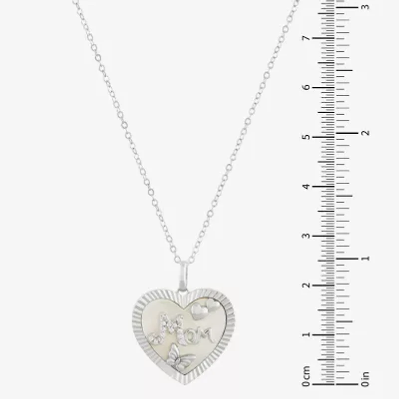 "Mom" Womens White Mother Of Pearl Sterling Silver Heart 18 Inch Pendant Necklace
