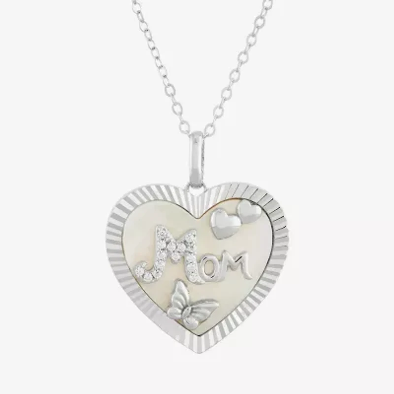 "Mom" Womens White Mother Of Pearl Sterling Silver Heart 18 Inch Pendant Necklace