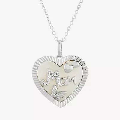 "Mom" Womens White Mother Of Pearl Sterling Silver Heart 18 Inch Pendant Necklace