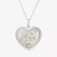 "Mom" Womens White Mother Of Pearl Sterling Silver Heart 18 Inch Pendant Necklace