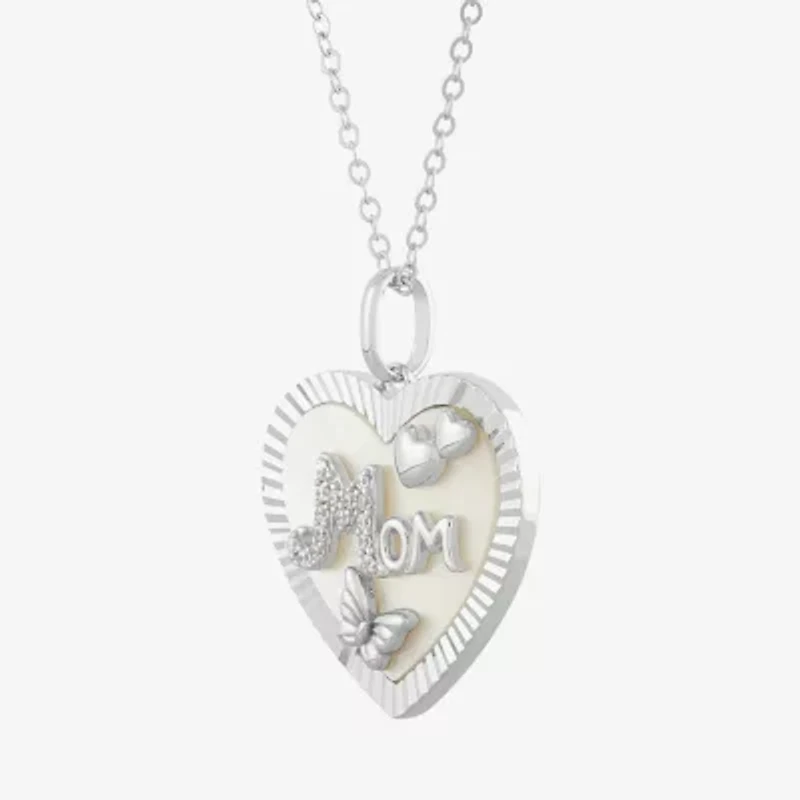 "Mom" Womens White Mother Of Pearl Sterling Silver Heart 18 Inch Pendant Necklace