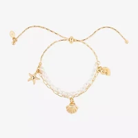Bijoux Bar Delicates Gold Tone Womens Glass Simulated Pearl Charm Bracelet
