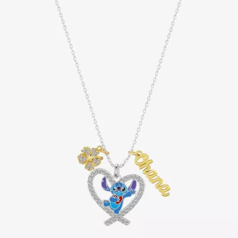 Disney Classics Ohana Womens Cubic Zirconia 10K Gold Over Brass Pure Silver Over Brass Flower Heart 16 Inch Pendant Necklace