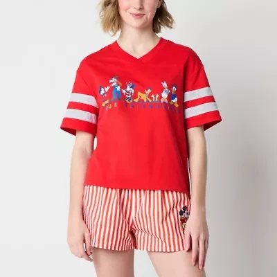 Juniors Womens V Neck Short Sleeve Mickey and Friends Graphic T-Shirt