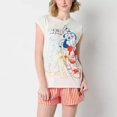 Womens Crew Neck Sleeveless Regular Fit Mickey and Friends Juniors Graphic T-Shirt