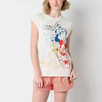 Womens Crew Neck Sleeveless Regular Fit Mickey and Friends Juniors Graphic T-Shirt