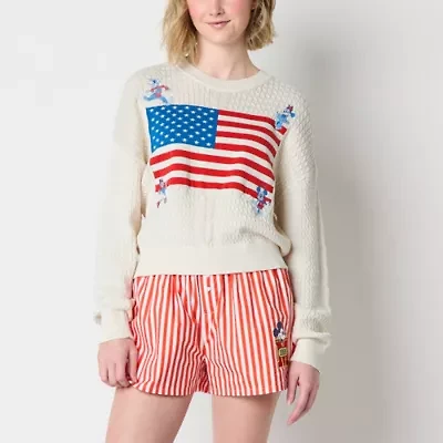 Juniors Womens Crew Neck Long Sleeve Mickey and Friends Cable Knit Pullover Sweater