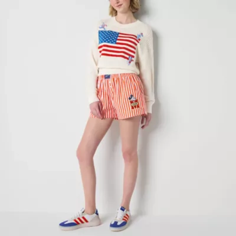 Mickey And Friends Red Stripe Womens Mid Rise Juniors Pull-On Short