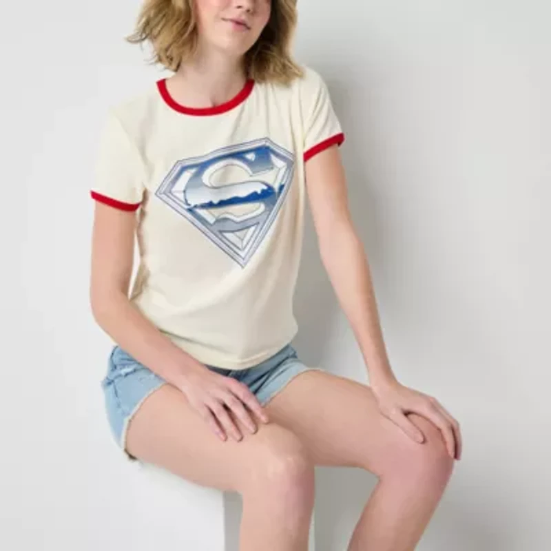 The Movie Ringer Tee Womens Crew Neck Short Sleeve Fitted Superman Juniors Graphic T-Shirt