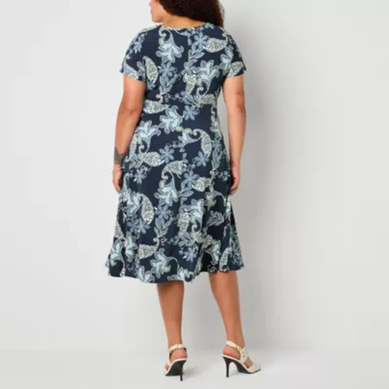 Robbie Bee Womens Short Sleeve Paisley Midi Plus Fit + Flare Dress