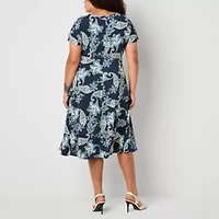 Robbie Bee Womens Short Sleeve Paisley Midi Plus Fit + Flare Dress