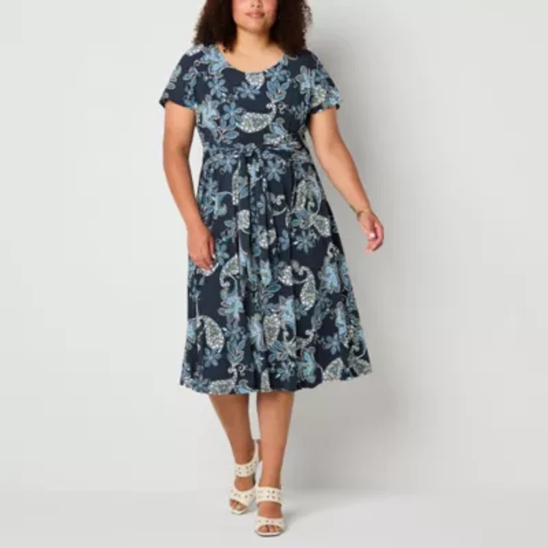 Robbie Bee Womens Short Sleeve Paisley Midi Plus Fit + Flare Dress