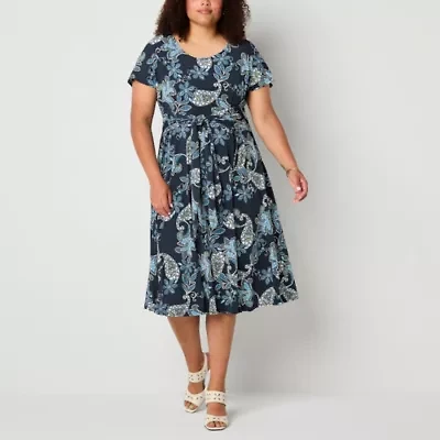 Robbie Bee Womens Short Sleeve Paisley Midi Plus Fit + Flare Dress