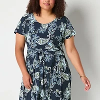 Robbie Bee Womens Short Sleeve Paisley Midi Plus Fit + Flare Dress