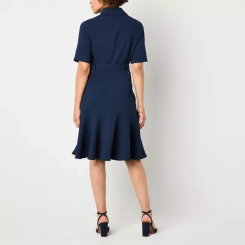Liz Claiborne Womens Belted Short Sleeve Midi Shirt Dress