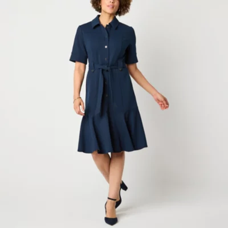 Liz Claiborne Womens Belted Short Sleeve Midi Shirt Dress