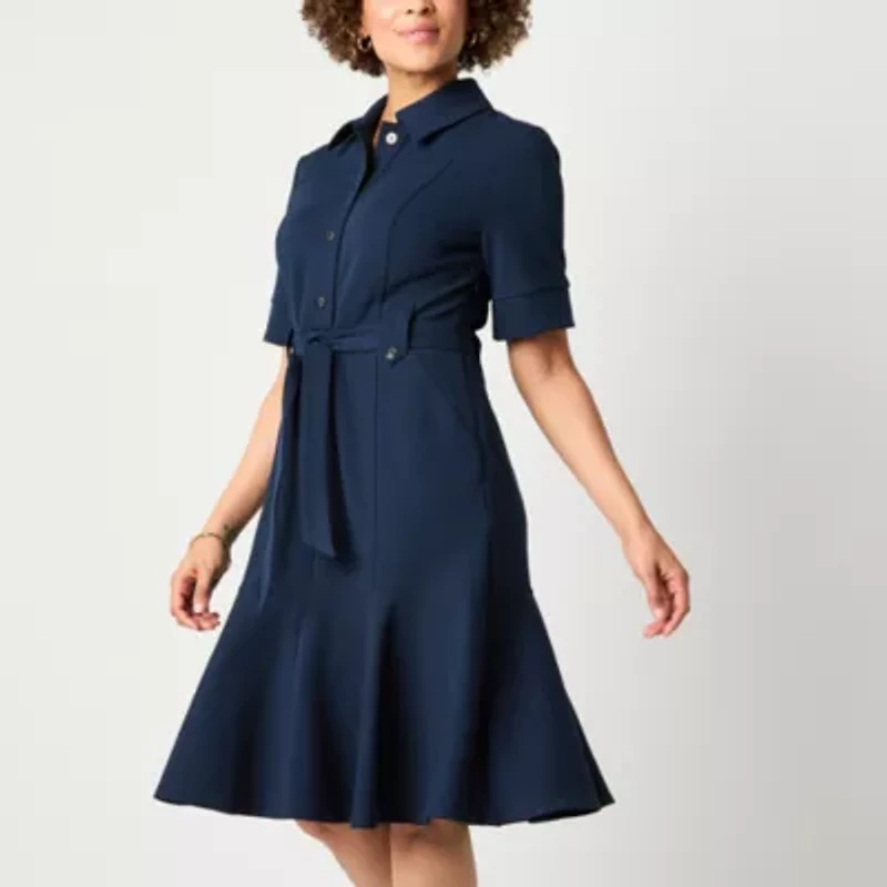 Liz Claiborne Womens Belted Short Sleeve Midi Shirt Dress