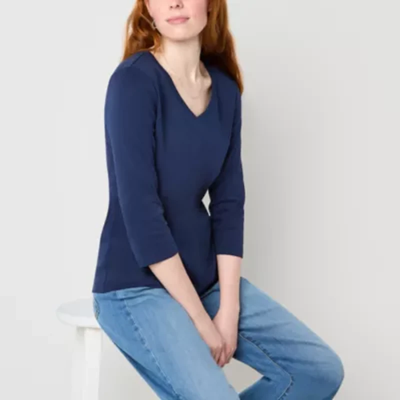 St. John's Bay Womens V Neck 3/4 Sleeve T-Shirt