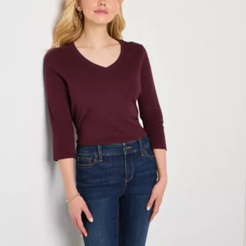 St. John's Bay Womens V Neck 3/4 Sleeve T-Shirt