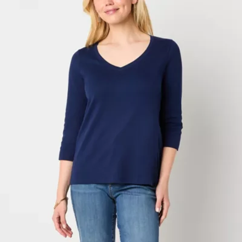 St. John's Bay Womens Easy-on + Easy-off V Neck 3/4 Sleeve Adaptive T-Shirt