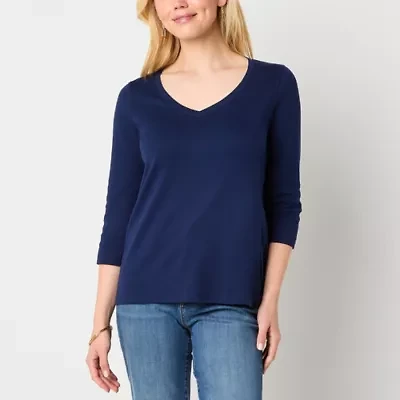 St. John's Bay Womens Easy-on + Easy-off V Neck 3/4 Sleeve Adaptive T-Shirt
