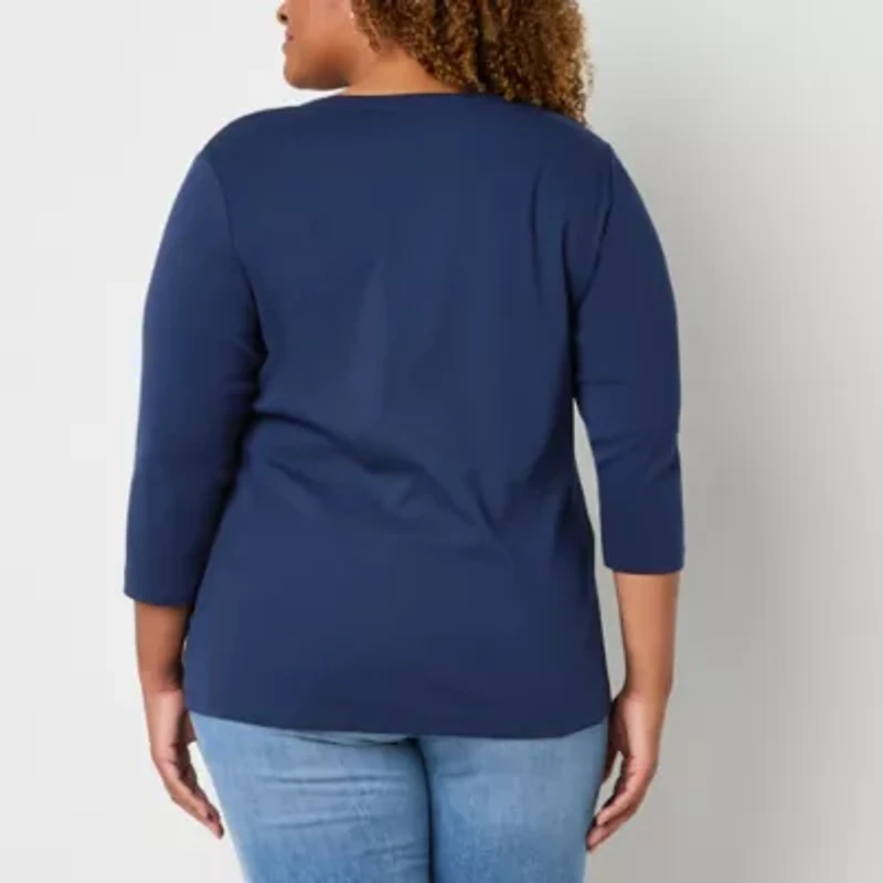 St. John's Bay Womens Plus V Neck 3/4 Sleeve T-Shirt