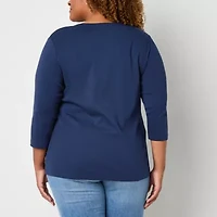 St. John's Bay Womens Plus V Neck 3/4 Sleeve T-Shirt