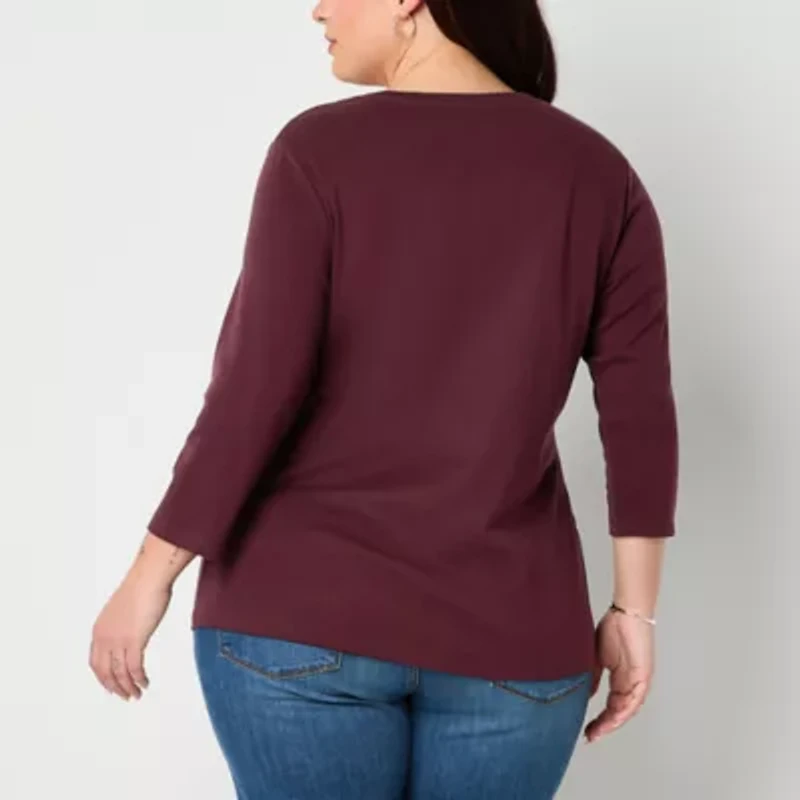 St. John's Bay Womens Plus V Neck 3/4 Sleeve T-Shirt