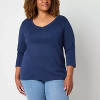St. John's Bay Womens Plus V Neck 3/4 Sleeve T-Shirt