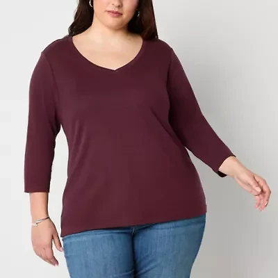 St. John's Bay Womens Plus V Neck 3/4 Sleeve T-Shirt