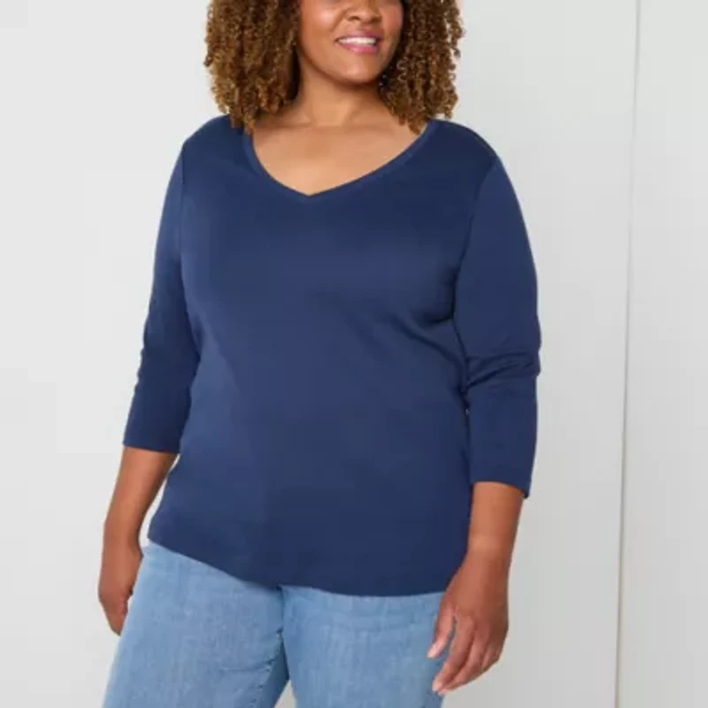 St. John's Bay Womens V Neck 3/4 Sleeve Plus T-Shirt