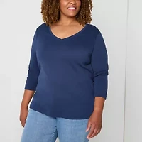 St. John's Bay Womens V Neck 3/4 Sleeve Plus T-Shirt