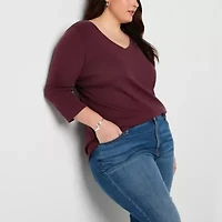 St. John's Bay Womens Plus V Neck 3/4 Sleeve T-Shirt