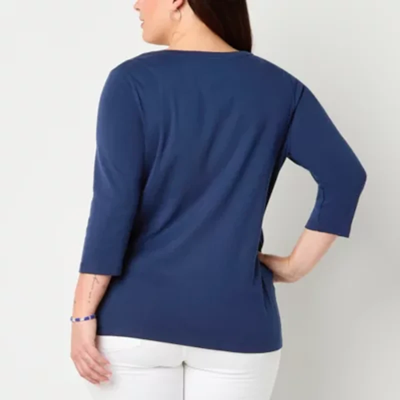 St. John's Bay Womens Easy-on + Easy-off V Neck 3/4 Sleeve Adaptive Plus T-Shirt