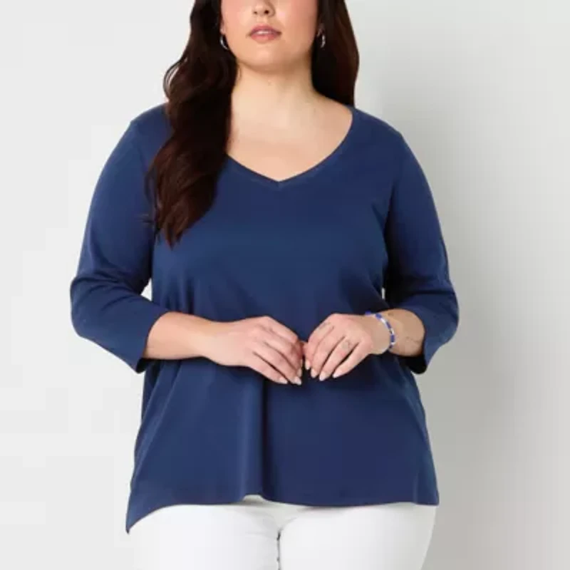 St. John's Bay Womens Easy-on + Easy-off V Neck 3/4 Sleeve Adaptive Plus T-Shirt