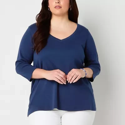 St. John's Bay Womens Easy-on + Easy-off V Neck 3/4 Sleeve Adaptive Plus T-Shirt