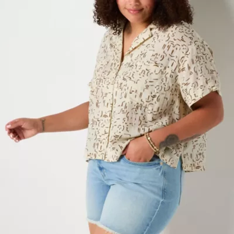 a.n.a Soft Drape Womens Short Sleeve Fitted Regular Fit Plus Button-Down Shirt