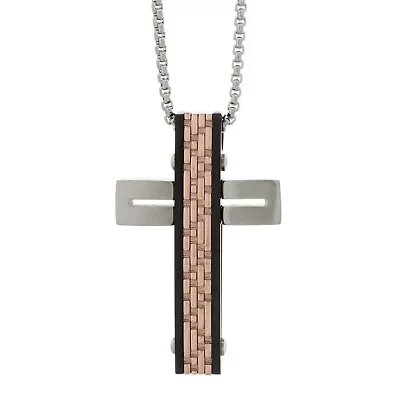 Mens Tri-Color Stainless Steel Textured Cross Pendant Necklace