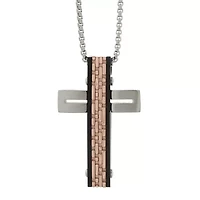 Mens Tri-Color Stainless Steel Textured Cross Pendant Necklace