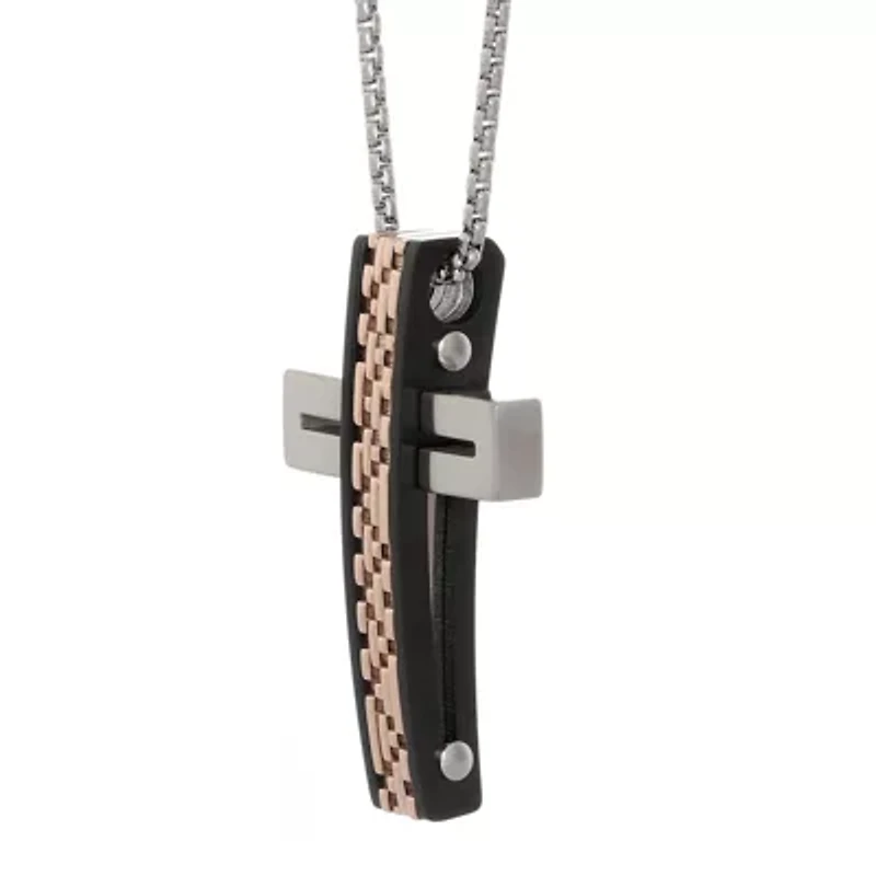 Mens Tri-Color Stainless Steel Textured Cross Pendant Necklace