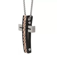 Mens Tri-Color Stainless Steel Textured Cross Pendant Necklace