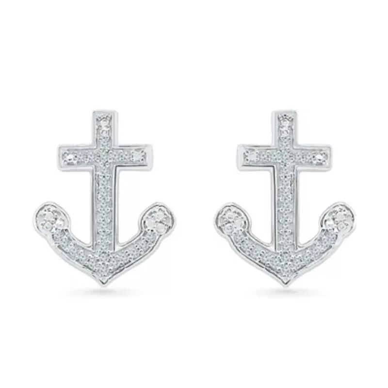 1/10 CT. T.W. Natural White Diamond Sterling Silver 15mm Anchor Stud Earrings