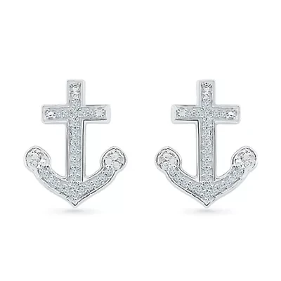 1/10 CT. T.W. Natural White Diamond Sterling Silver 15mm Anchor Stud Earrings