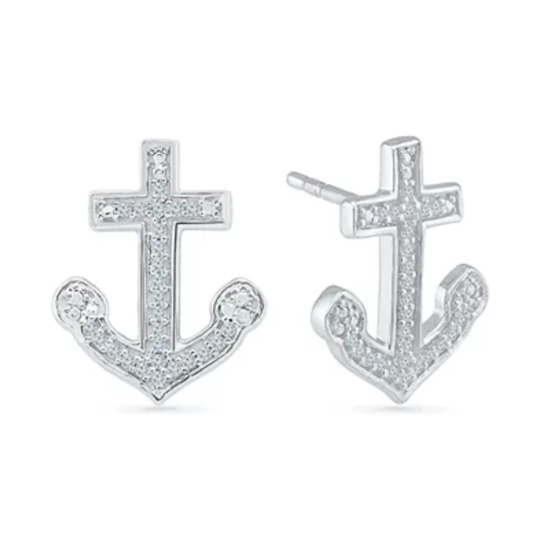 1/10 CT. T.W. Natural White Diamond Sterling Silver 15mm Anchor Stud Earrings