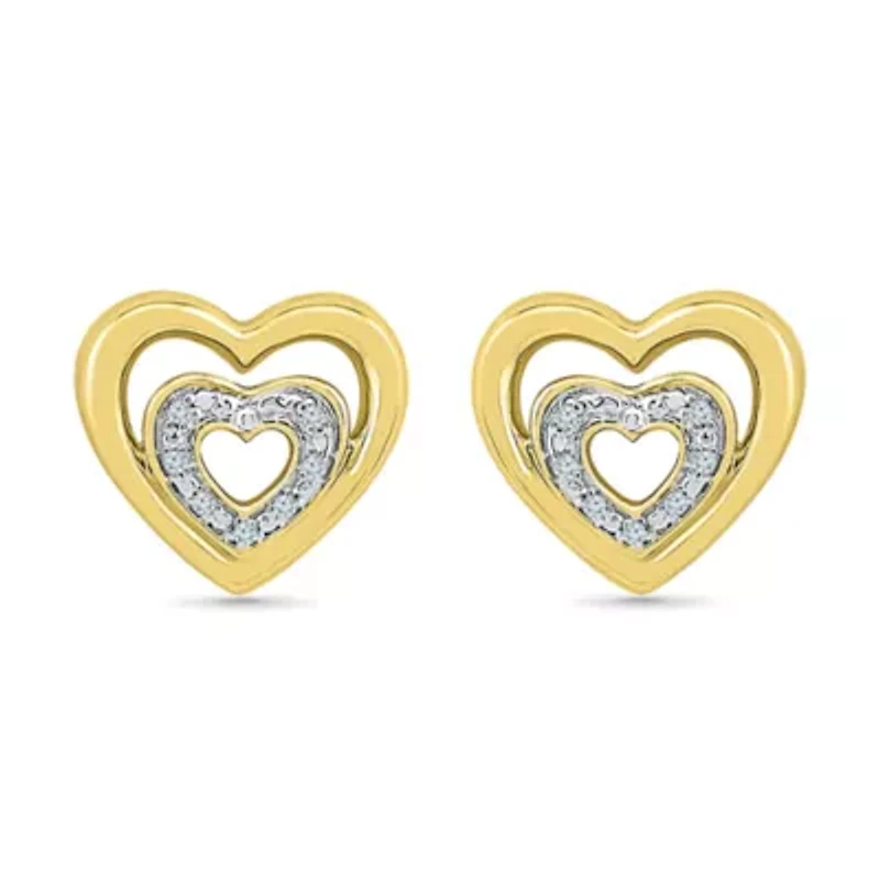 Diamond Accent Natural White Diamond 10K Gold Over Silver 10mm Heart Stud Earrings