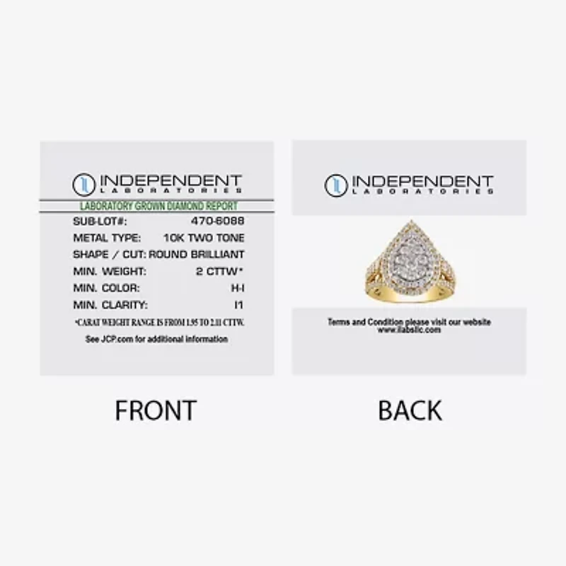 (H-I / I1) Womens 2 CT. T.W. Lab Grown White Diamond 10K Gold Pear Halo Cocktail Ring