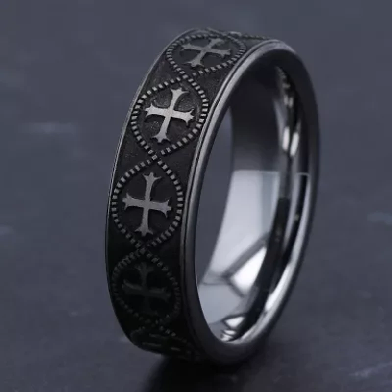 Crusader Cross Pattern Mens 7MM Tungsten Wedding Band