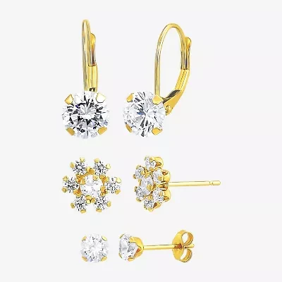 Womens Cubic Zirconia 10K Gold 3 Pair Earring Set