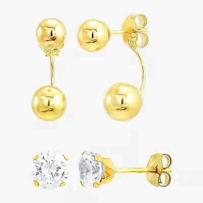 Womens White Cubic Zirconia 10K Gold 2 Pair Earring Set