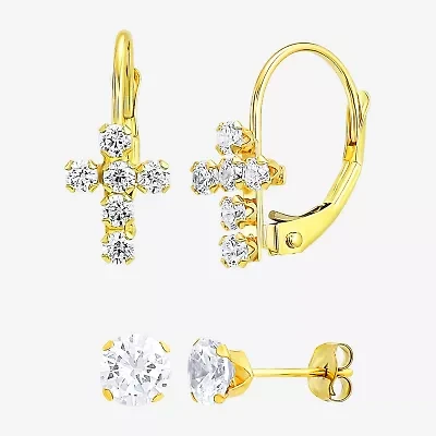 Religious Jewelry Cross Womens White Cubic Zirconia 10K Gold 2 Pair Earring Set